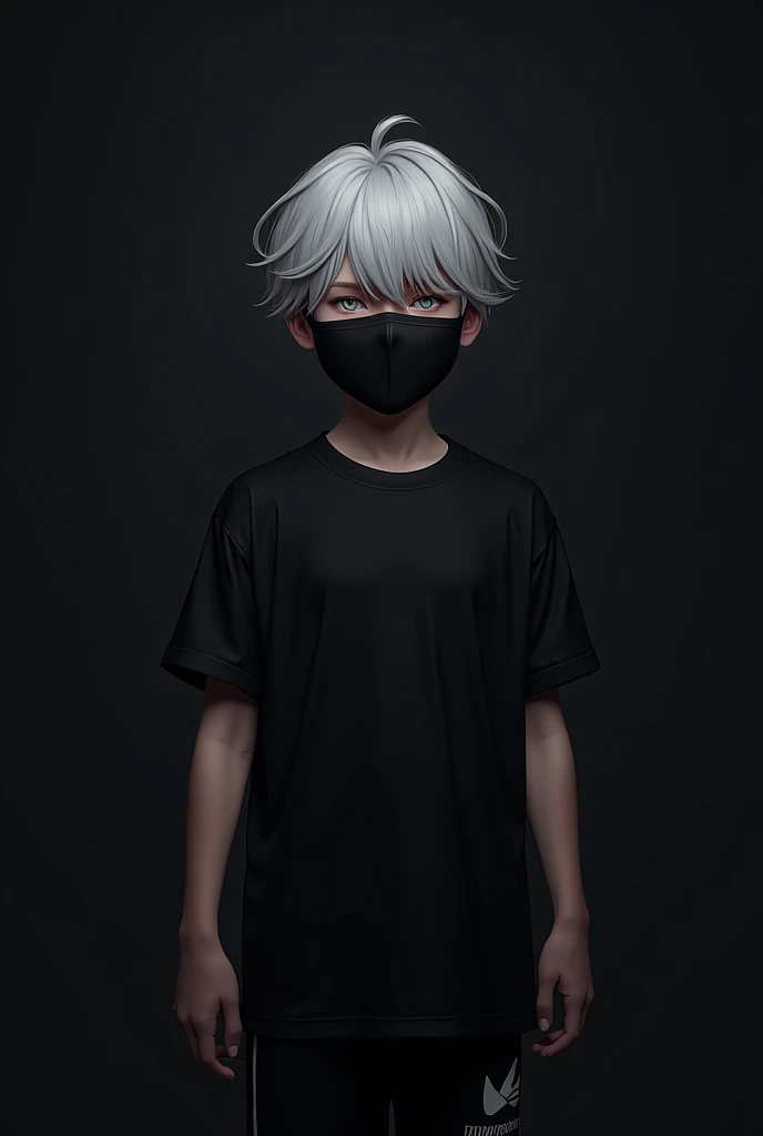 Boy with grey hair and grey eyes, wearing a black mask wich cover the mouth, wearing black t-shirt and black sporty pants