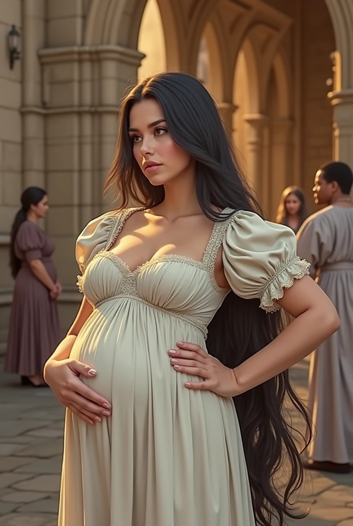 Realistic style, Photo, Photorealistic, long black hair, posing in a medieval square, pregnant, big breasts.