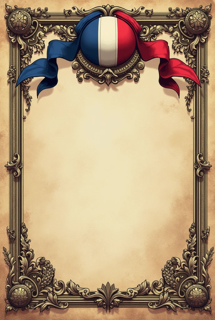 Create a leaflet design for the French Revolution. The target group is the citizens. Only the design but no text. But it should be identifiable as a leaflet. It is supposed to be a leaflet!!!!!! An old-fashioned. It should be a template without text where there is space for me to write something myself later. With space for writing!!!!
