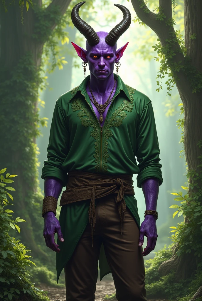 Create a tiefling, his skin is purple, he is a druid, he has a green shirt with leaf details on it, he has dark brown pants, he has small horns