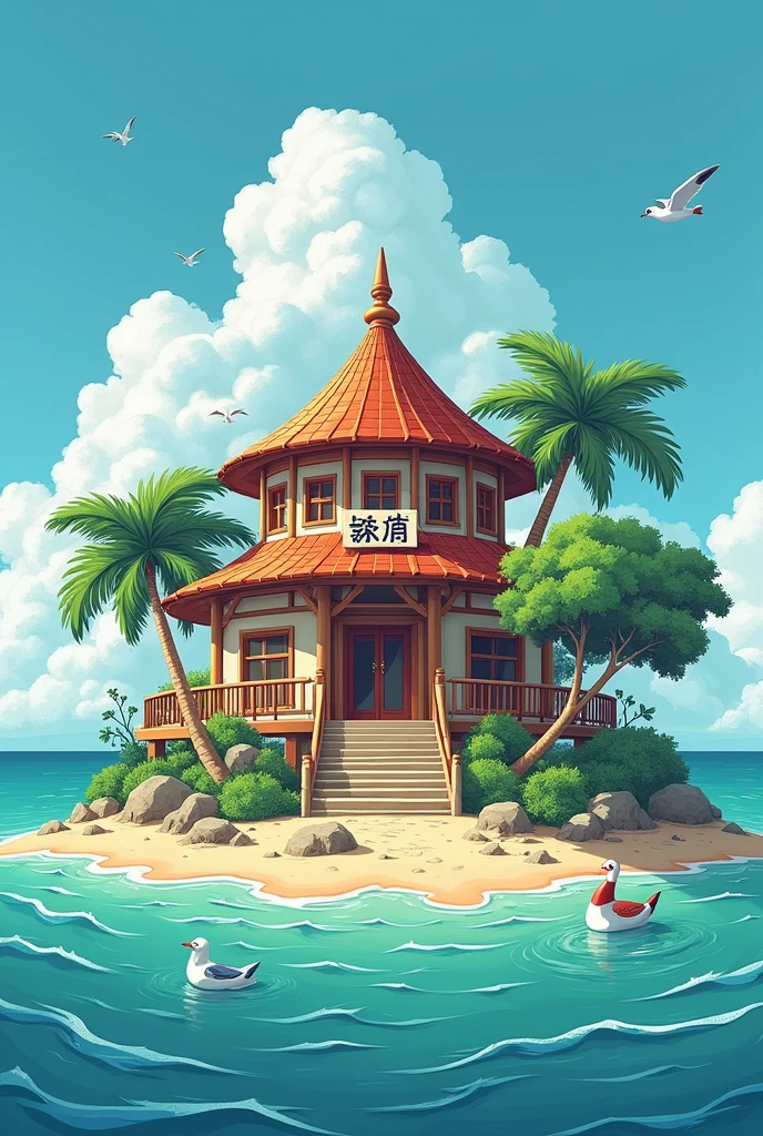 I want an emblem inspired by Master Roshi&#39;s house from Dragon Ball but at the top of the emblem it should say KAME HOUSE 