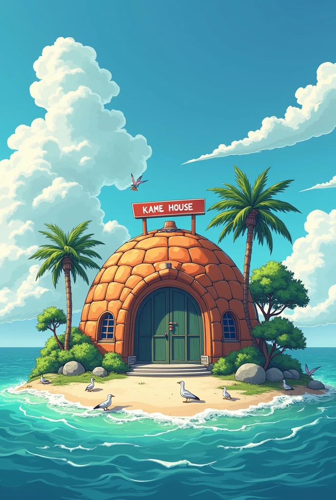 I want an emblem inspired by Master Roshi&#39;s house from Dragon Ball but at the top of the emblem it should say KAME HOUSE 