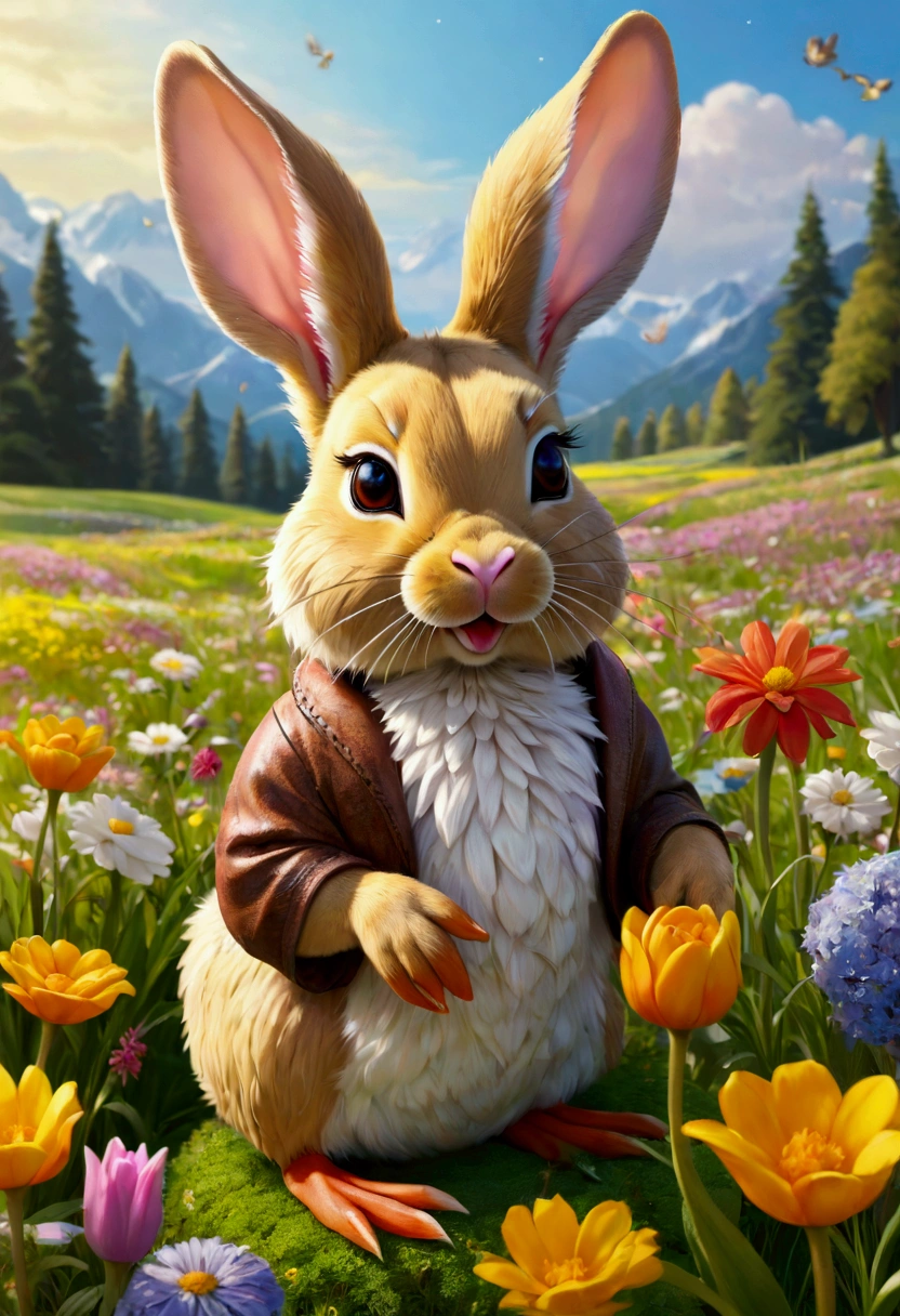 Wolpertinger made of duck + Hase + mouse + In bright colors + Anime-Series, realistic representation, on a flower meadow