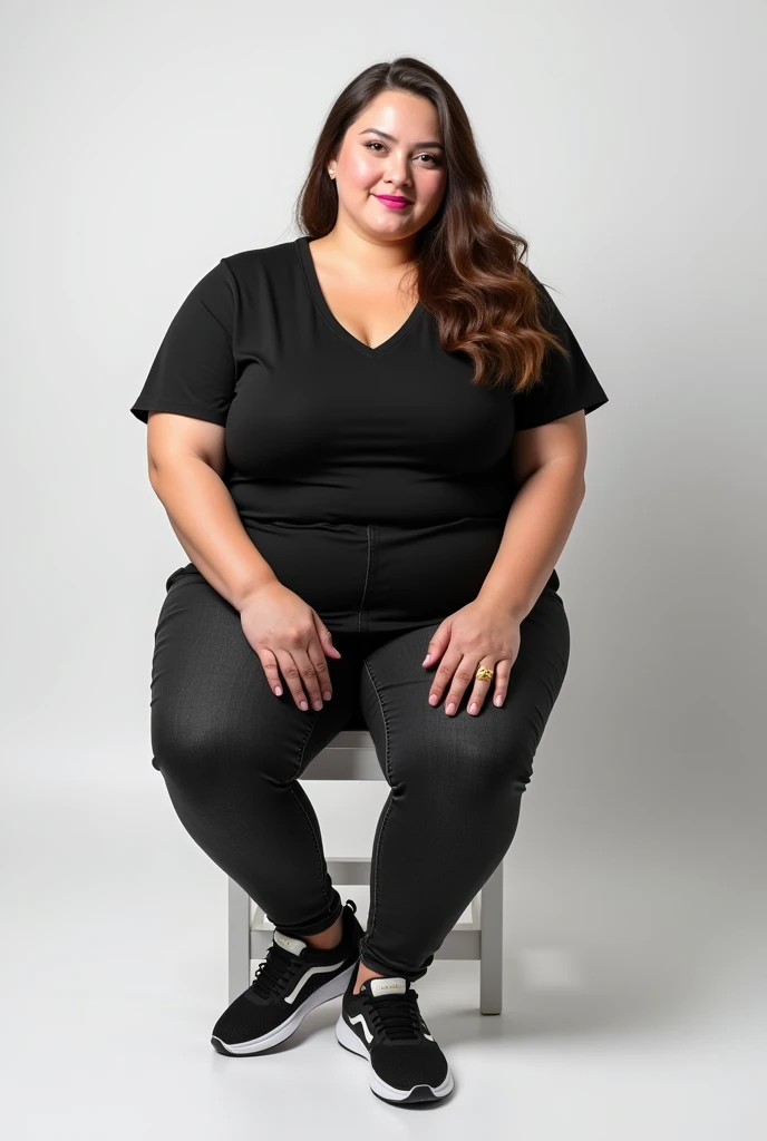 best qualityer:1.4), (ultra high resolution:1.2), (photorrealistic:1.6), (8k, CRU photo:1.2), 42 year old woman. long brown hair. pink lipstick. short-sleeved black shirt. black jeans pants. black sneaker. She is 120 kg fat. She is sitting on a white chair in a photography studio with a white background.. He has a gold ring on his finger