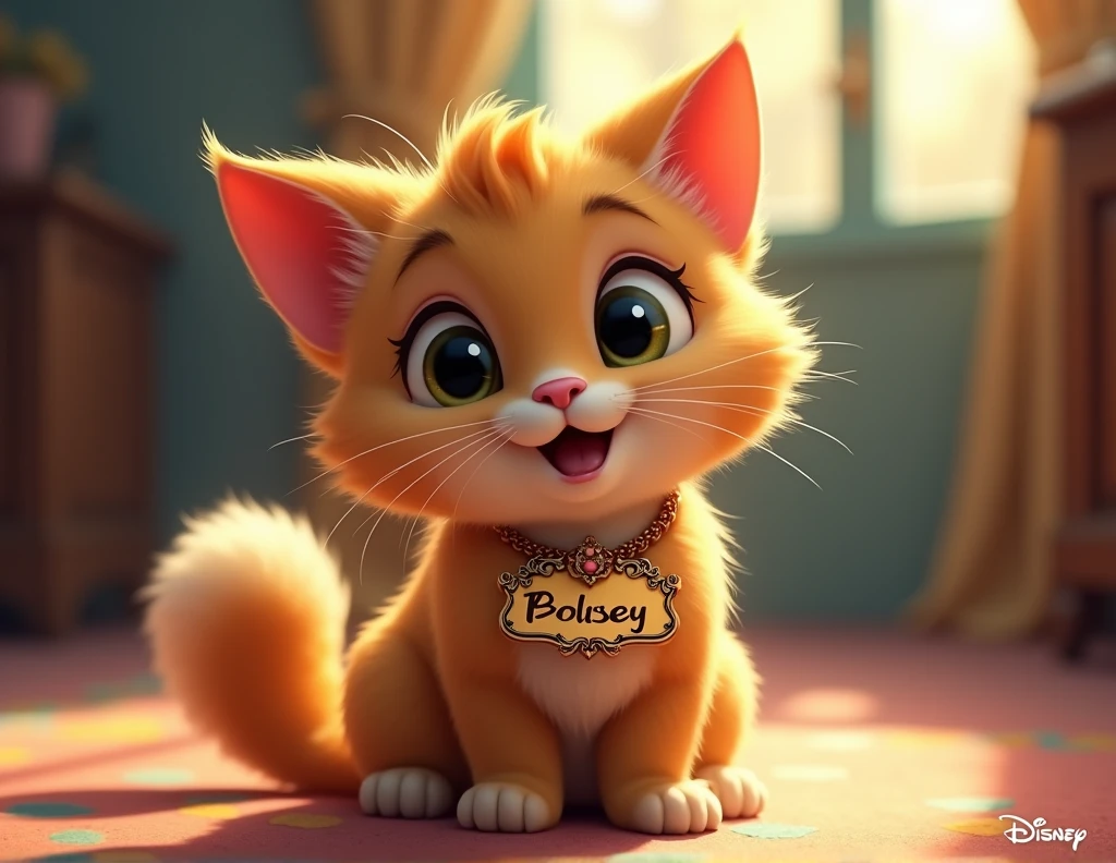 Disney style cat with a nameplate on its neck