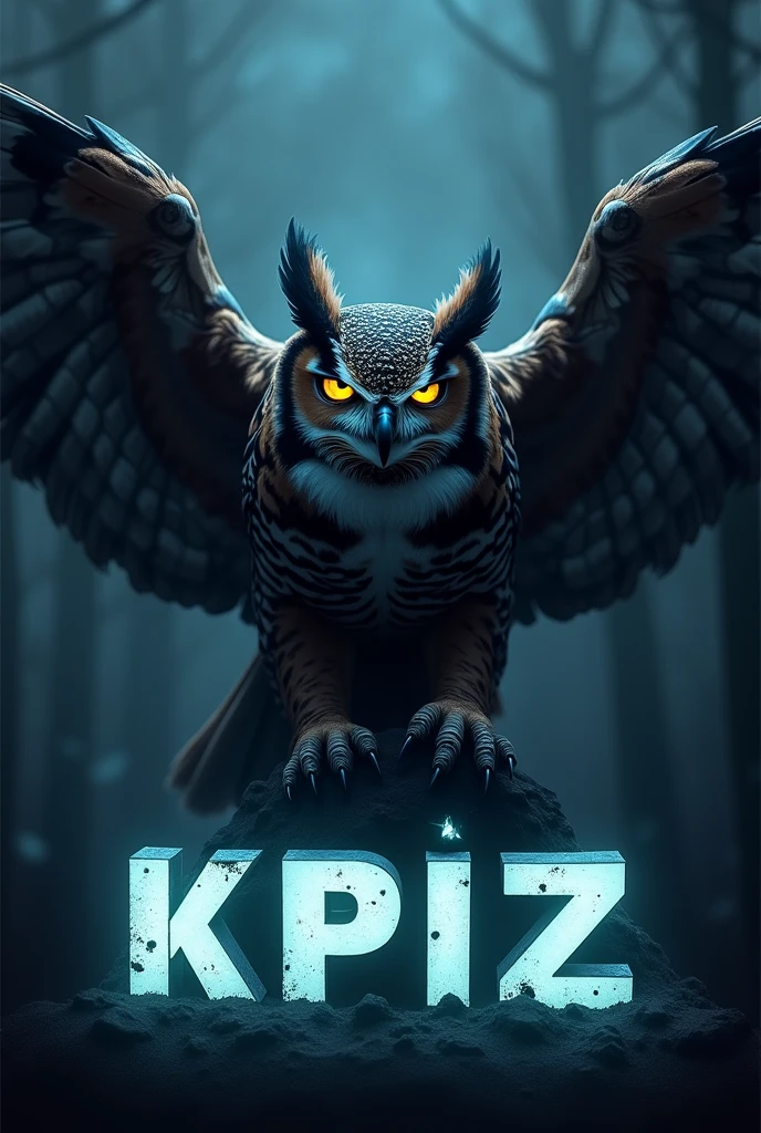 Create a picture of an eagle owl with glowing eyes. The eagle owl spreads its wings. The eagle owl has claws. Below the eagle owl are the letters UKO. Below it is written small KPIZ. All letters light up. Everything is capitalized. 
it is dark.