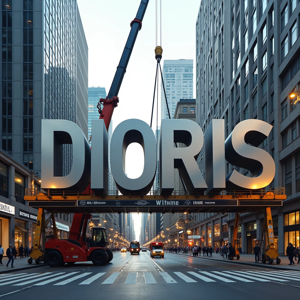 Placing these giant thick letters DIORIS using a crane in the city
