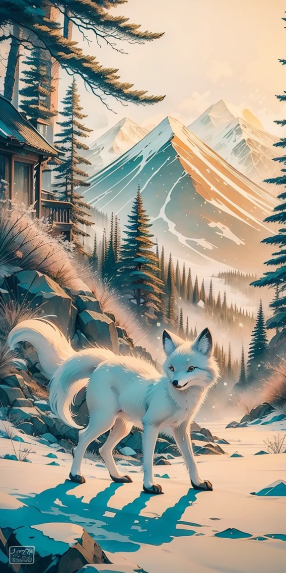 arctic fox/Arctic fox/Arctic fox(masterpiece, best quality, Super detailed, lifelike), Snow covered deep forest.white arctic fox