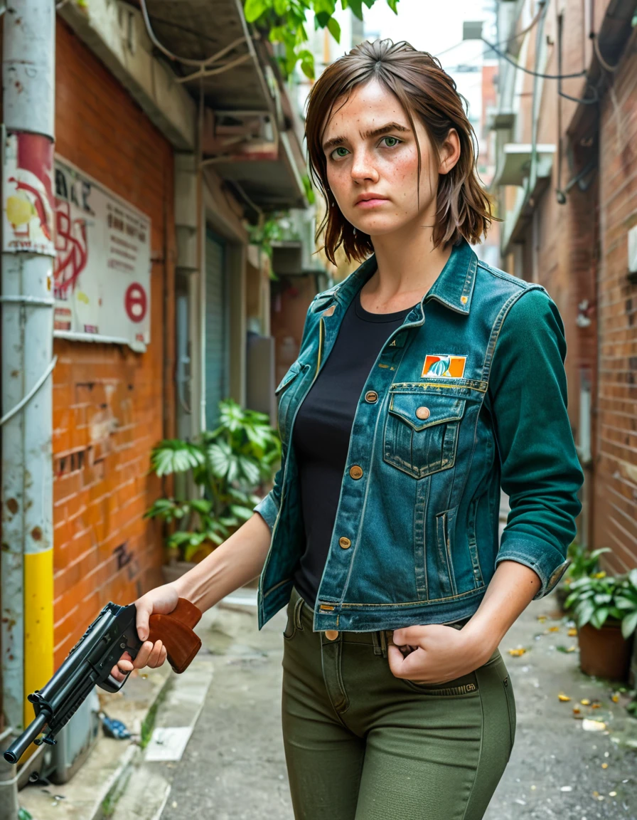 Ellie, chestnut hair, greeneyes, pores on the face, risk on an eyebrow, looking at the spectator, whole body, neckleace, medium breasts, dark green shirt, holding AK47, missiles, 正面, brown jeans, dark green denim jacket, alley in the background, plants in the alley, best quality, cinematic lighting, perfect quality 