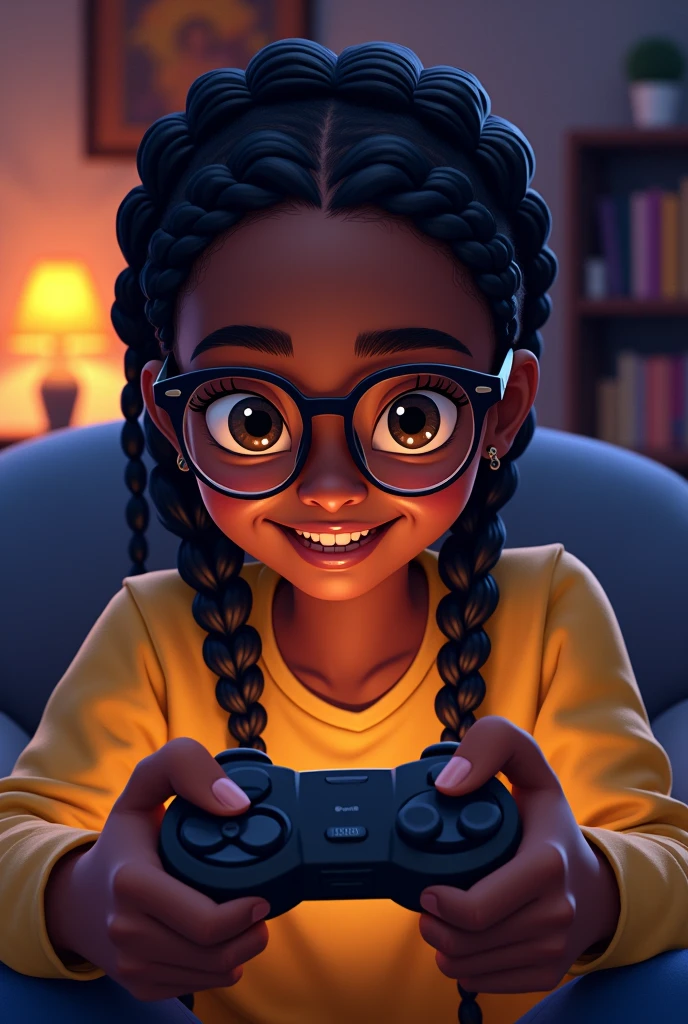 Create a black girl with round glasses playing video games with box braids