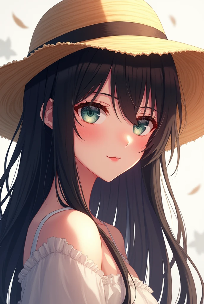 Anime girl with long, black hair wearing a straw hat., 4K anime style, beautiful animated portrait, Moe anime art style, anime art wallpaper 4k, anime art wallpaper 4k, high quality anime art style, anime style portrait, guweiz, guweiz style artwork, detailed digital anime art, anime art wallpaper 8k, cute anime girl portraits