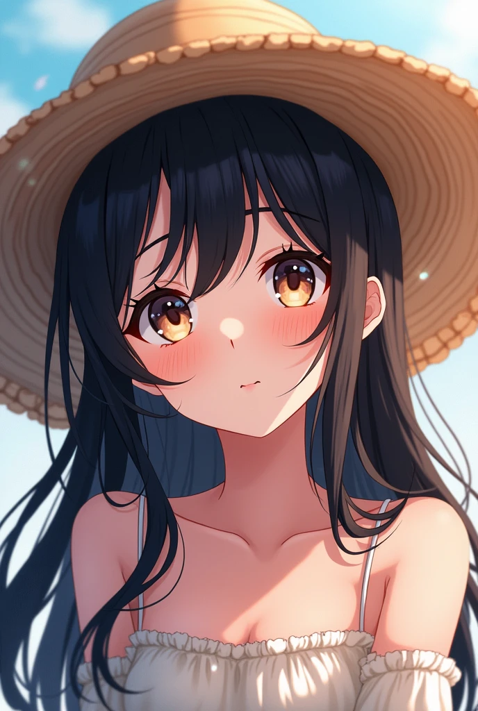 Anime girl with long, black hair wearing a straw hat., 4K anime style, beautiful animated portrait, Moe anime art style, anime art wallpaper 4k, anime art wallpaper 4k, high quality anime art style, anime style portrait, guweiz, guweiz style artwork, detailed digital anime art, anime art wallpaper 8k, cute anime girl portraits
