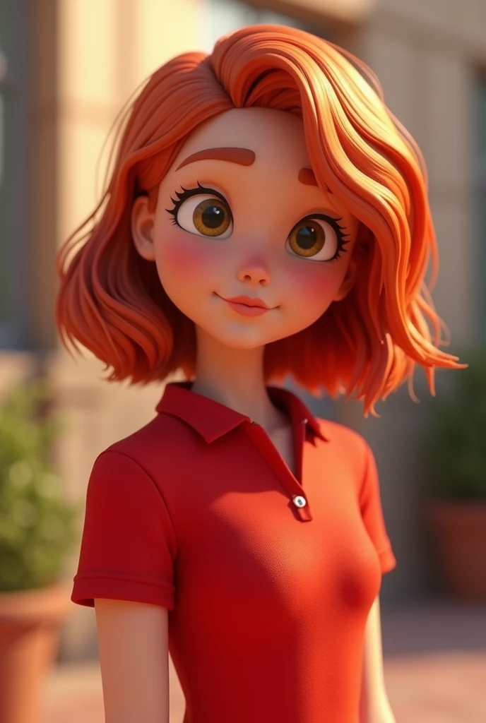 Cartoon characters of a young woman with RED HAIR to the shoulders and a RED POLO shirt animation style rendering, 3D stylized, Arnold Maya rendering, Render 3D stylized, , 3D character, 3D character, Stylized 3D rendering, 3d character rendering, cartoon character, Close-up character, Character pose, (pixar style) (master part:1.2) (bokeh) (Best Quality) (detailed skin) (detailed texture) (8k) (clay) (cinematic lighting) (sharp focus