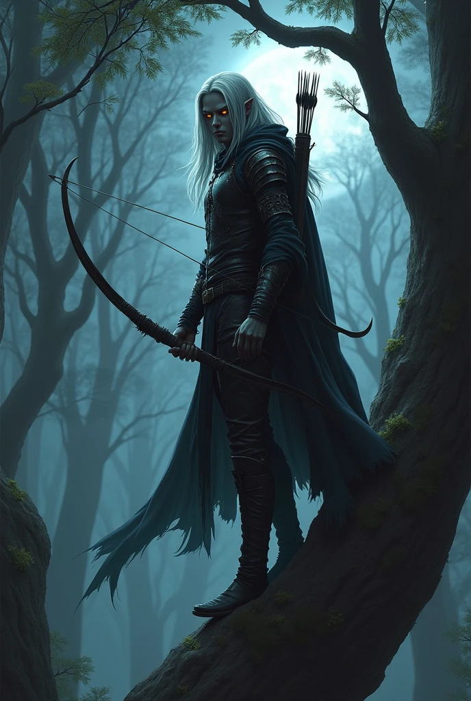 Create the image of a teenage dark elf in a fantasy setting. He is on top of a tall, massive tree, with a threatening expression. His skin is dark gray and he has long, straight white hair., partially hidden by a dark assassin screed-style hood. His face is partially covered by a mask that goes up to his neck.. He wears tight-fitting leather armor, perfect for blending into shadows, and holds a thin, well-crafted bow, with a quiver of arrows on his back. His eyes glow faintly, and the surrounding scenery is a dense, dark forest under a moonlit sky."
Make him more human remember the hood