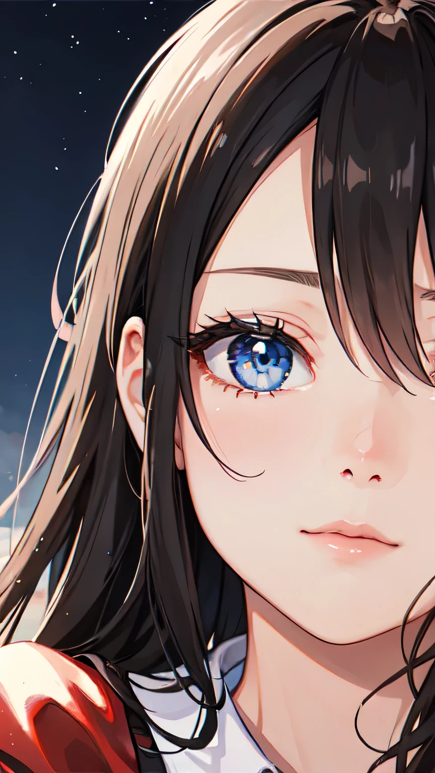 ((best quality)), ((masterpiece)), (detailed), 1girl,Almond Eye,blue eyes,night,Vows Under the Stars,Your dreams will come true,Overcoming any difficulties, Towards a new world,Close up of face