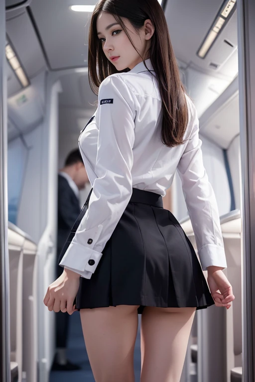 (In 8K、RAW Photos、Highest quality、Realistic、Photorealistic、Professional Lighting、masterpiece、Very delicate and beautiful、Very detailed、In detail、Ultra-detailed、High resolution、Full Shot)、There were a few guys gathered on the plane.、One Girl、Woman in a black suit、Black jacket、White shirt、Black Skirt、Beautiful Face:1.5、Slim figure、small tits:2、small 、Young man in a suit、Hug me from behind:1.5、Other young men also lift up her skirt、I see your white pants、Clearly depict whose hand it is、陰毛がappear、((( appear)))、Open your eyes:3、moaning in pain、Feel pain、it hurts、After the pain、moaning in pain、顔をしかめるとFeel pain、I'm watching you、(((flight attendant)))、(((Inside the plane)))、Browsing Caution