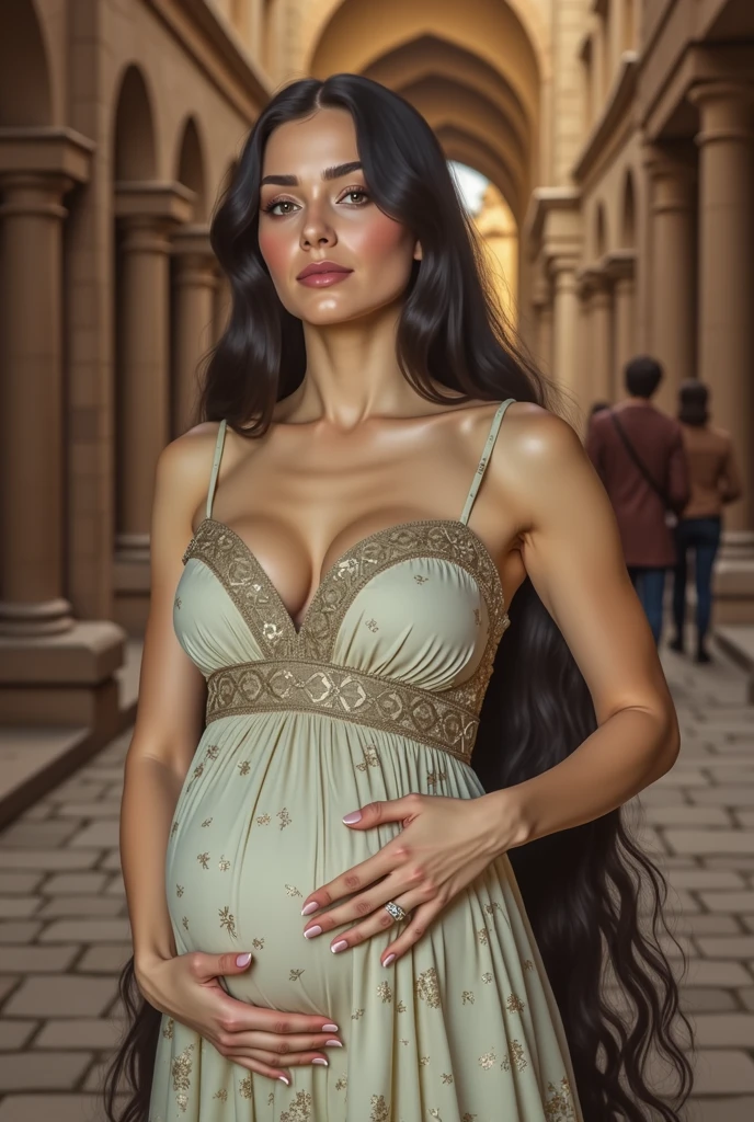 Realistic style, Photo, Photorealistic, long black hair, posing in a medieval square, pregnant, big breasts.