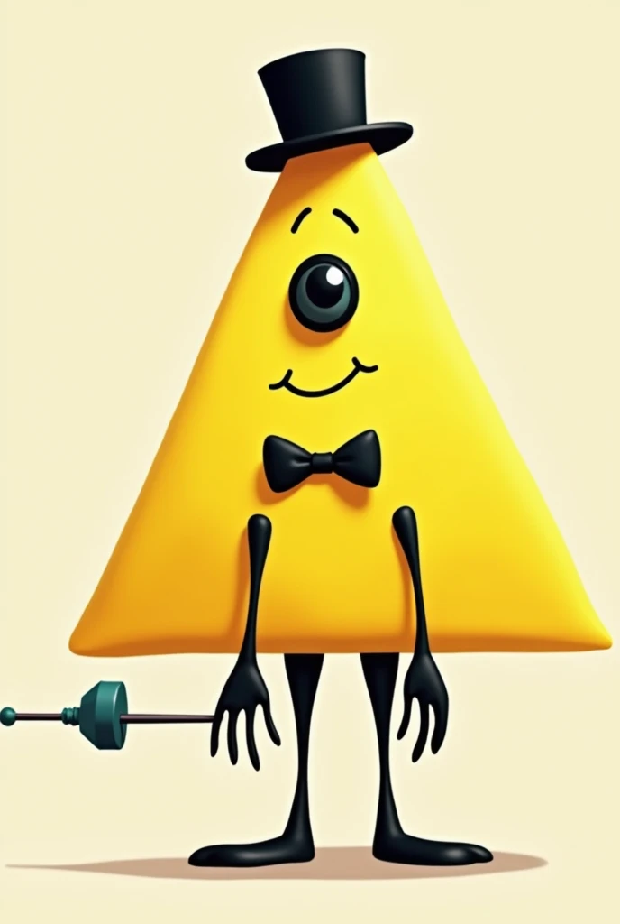 yellow triangle with one eye, bowtie, tophat and black limbs has 4 fingers on hands and holding a dildo