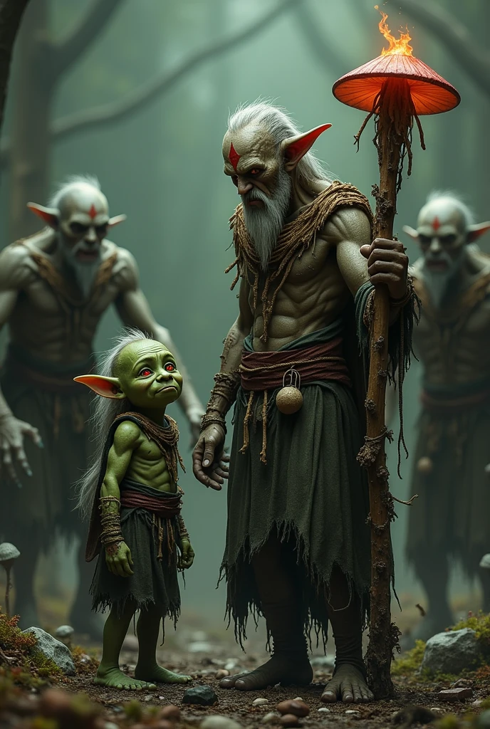 A realistic style image of a circle of spores druid, do jogo dungeon and dragons,   friendly green goblin, he is thin and very short, has 1,30 tall, His hand has a red tribal tattoo in the shape of a flame,  he has spores and various mushrooms growing on his clothes, and has skin with several mushrooms and spores,  he has a wooden staff that has vines and mushrooms, and squirrel bones on the tip, next there are 3 decaying evil zombies with 1,80 tall , with realistic details and dramatic lighting to emphasize the character&#39;s mysterious atmosphere.