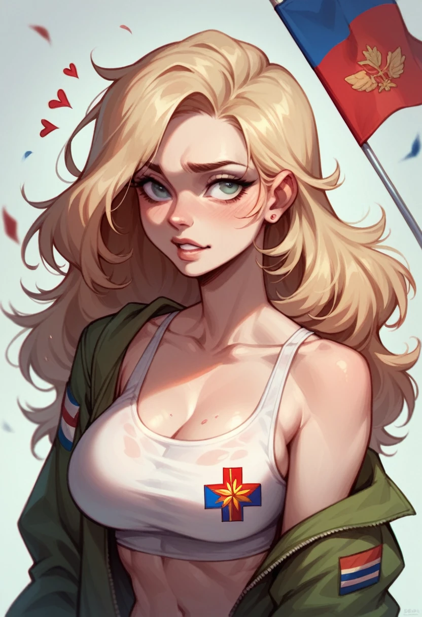 Big exaggerated with sexy body beautiful russian girl on chic russian flag