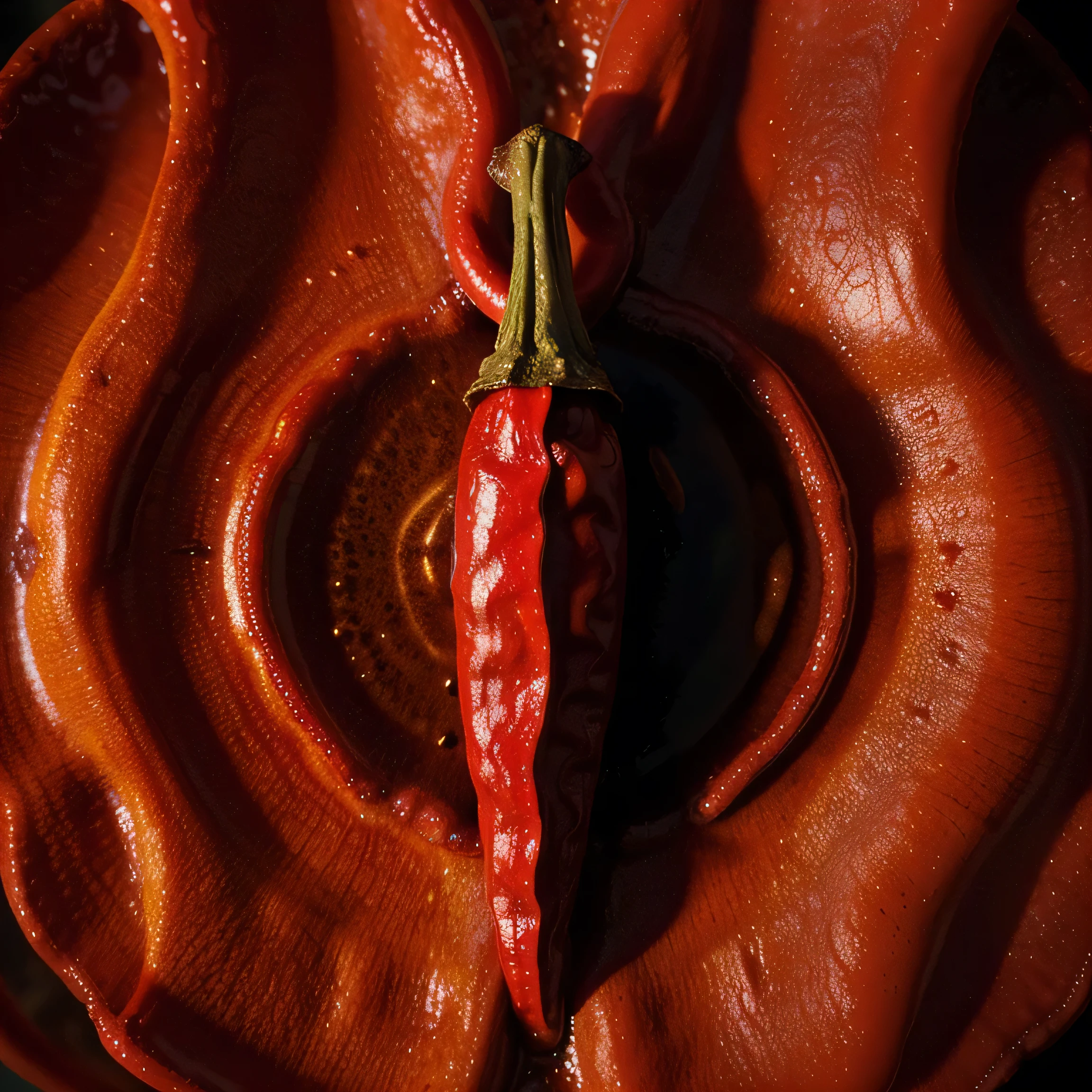 Album cover, close-up image of a hot chili pepper on fire, thin and beautiful red pepper in fire, high resolution, Awarded several times, ultra HD, from above view, symetry, Fujifilm, projected shadow, photorealism,