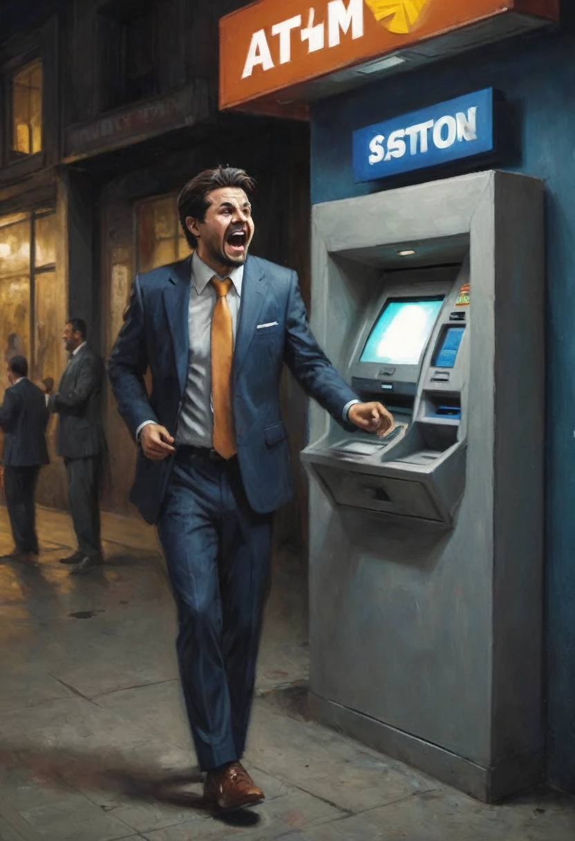 A poor working man in a cheap suit is at an ATM, the business man is freaking out with joy. the ATM is blinking Error on the screen and spitting out a constant stream of money, night