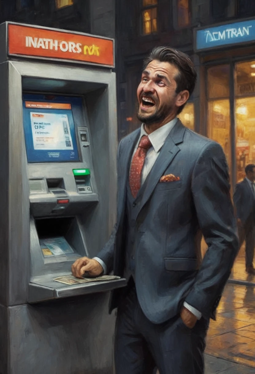 A poor working man in a cheap suit is at an ATM, the business man is freaking out with joy. the ATM is blinking Error on the screen and spitting out a constant stream of money, night