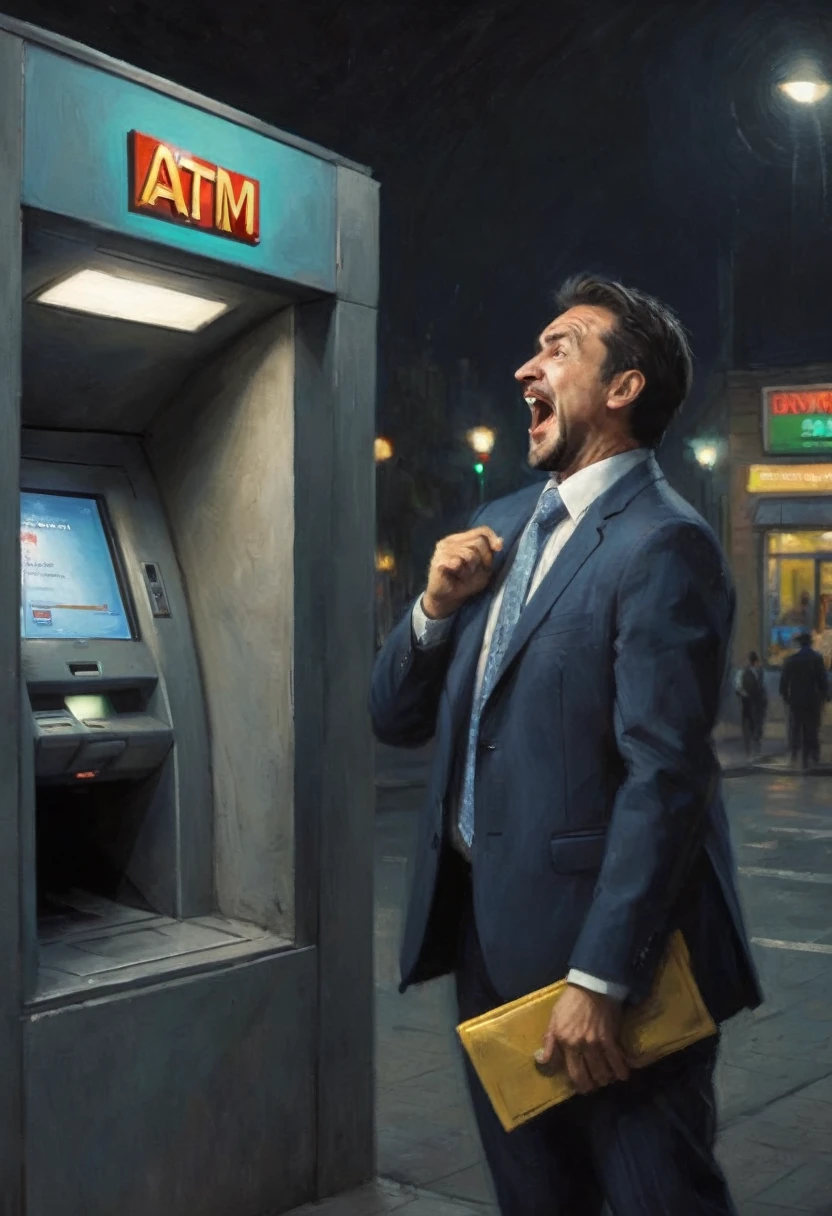 A poor working man in a cheap suit is at an ATM, the business man is freaking out with joy. the ATM is blinking Error on the screen and spitting out a constant stream of money, night