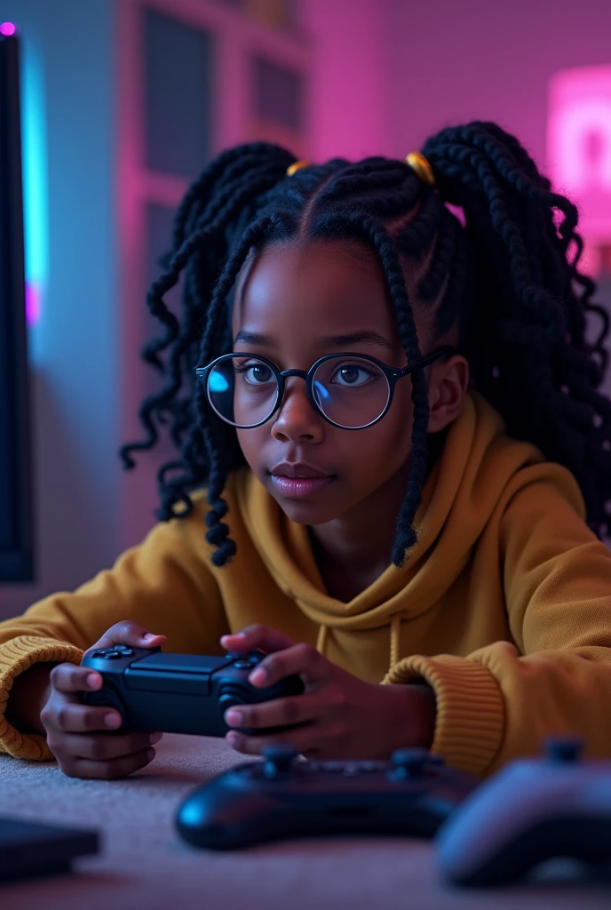 Create a black girl with box braids and round glasses playing video games
