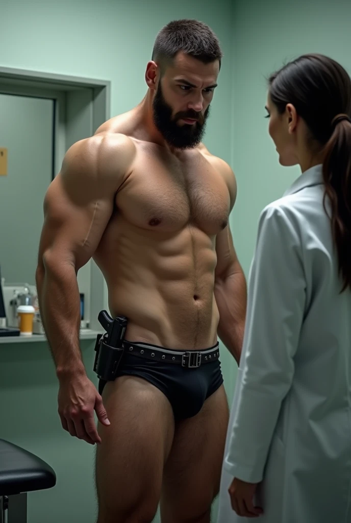 Strong military, bearded and hairy, short hair, in black underwear, with a pistol at his waist, taking off his underwear in front of a female doctor.
