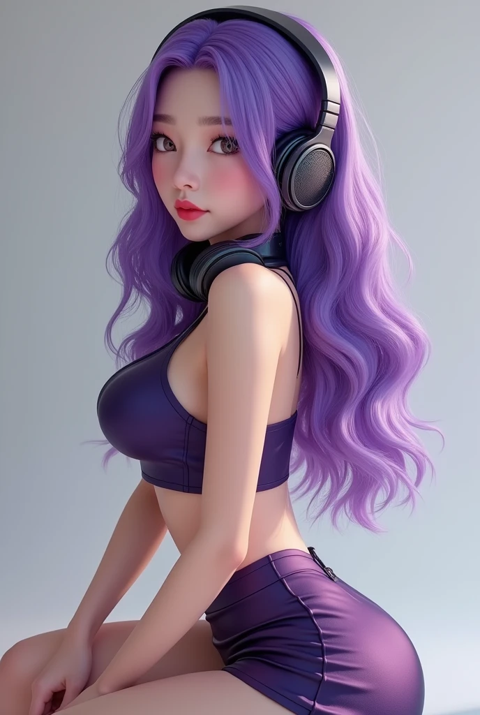 Korean purple hair butterfly woman with headphone and mini skirt and crop top realistic real perfect body