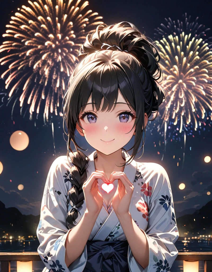 detailed textures, high quality, high resolution, high accuracy, Realism, color correction, correct lighting settings, harmonious composition. masterpiece、girl、black hair、long hair、tied hair、(((Make a heart with both hands.)))、Summer Yukata、firework、smile、focus on the face, night background--ar 3:4- Niji 6