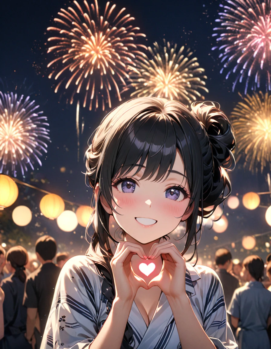 detailed textures, high quality, high resolution, high accuracy, Realism, color correction, correct lighting settings, harmonious composition. masterpiece、girl、black hair、long hair、tied hair、(((Make a heart with both hands.)))、Summer Yukata、firework、smile、focus on the face, night background--ar 3:4- Niji 6