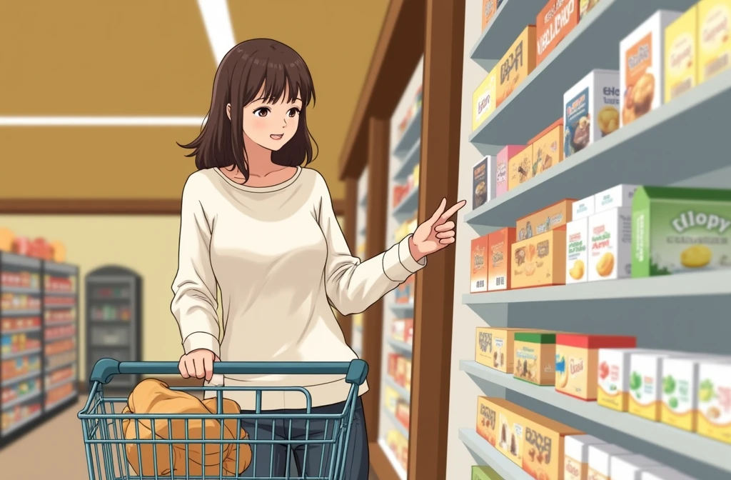 create an image that shows a brunette woman standing in the aisle of a supermarket, placing products in the cart. She is in front of a gondola with various items on display. In the foreground is a shopping cart containing a few items, including what appears to be bread and possibly other groceries.