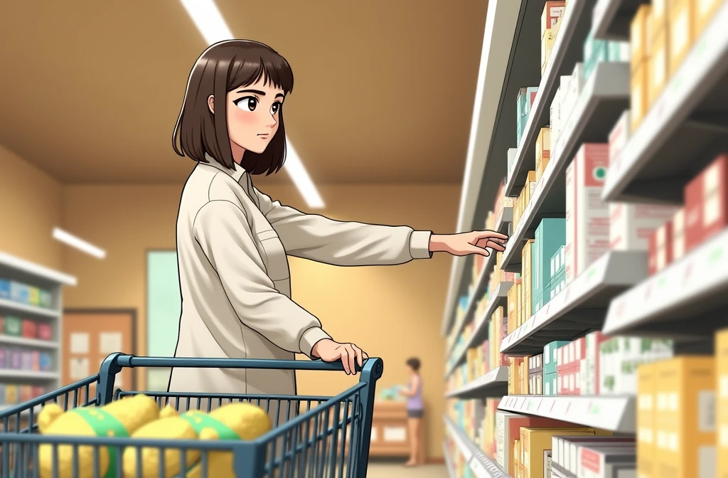 create an image that shows a brunette woman standing in the aisle of a supermarket, placing products in the cart. She is in front of a gondola with various items on display. In the foreground is a shopping cart containing a few items, including what appears to be bread and possibly other groceries.