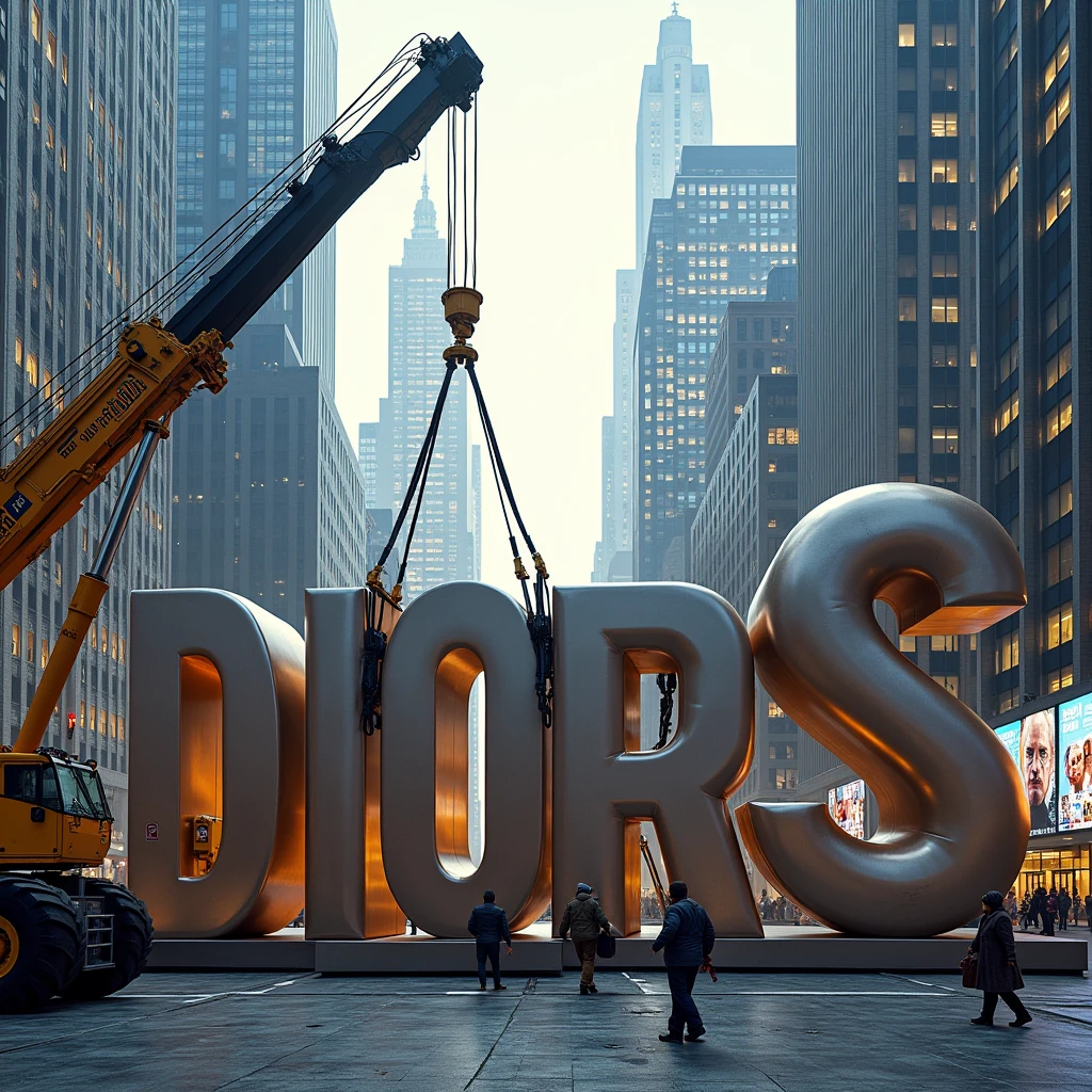 Placing these giant thick letters DIORIS using a crane in the city