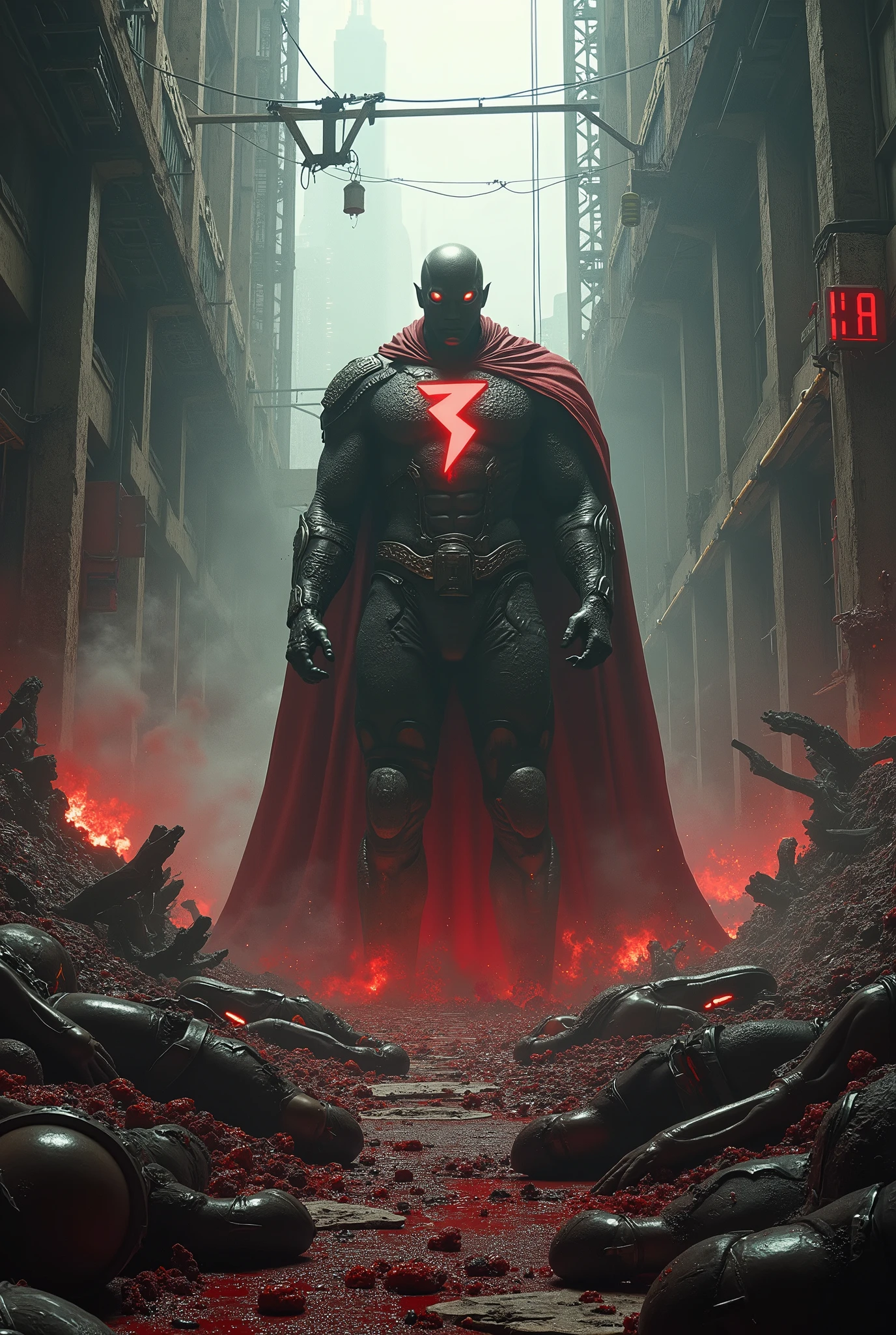 powers,omniman,surrounded by corpses,blood everywhere,destroyed metro,Underground ,accident,villain ,destroyed train
