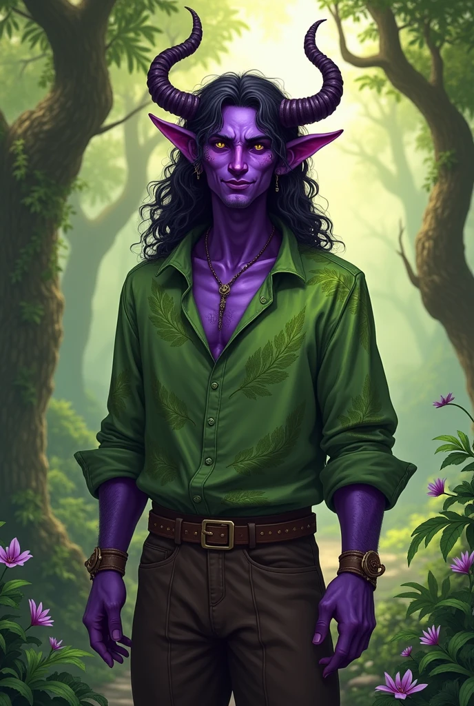 Create a tiefling, his skin is purple, he is a druid, he has a green shirt with leaf details on it, he has dark brown pants, he has small horns, he has long curly hair, he has a friendly and calm face