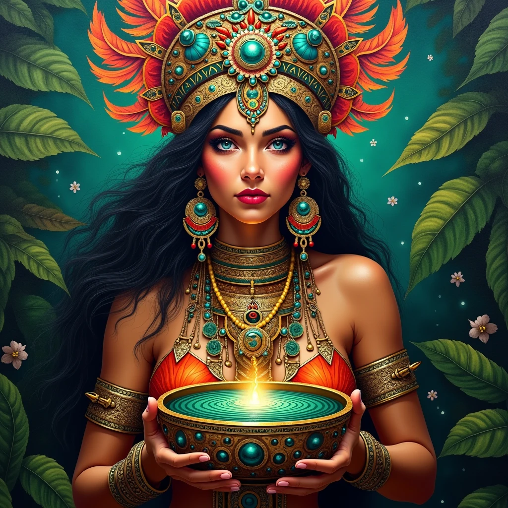 painting of a beautiful woman shaman holding a bole of Ayahuasca, mayan style, classic mayan mythology, aztec mythology, tribal ancient imagery, very intricate art, insanely detailed art, very detailed art, aztec iconography, mayan god, intricately detailed artwork, hyper detailed art, aztec god, clean detailed art, incredibly detailed art, highly detailed art, extremely detailed art. by Ray Shark