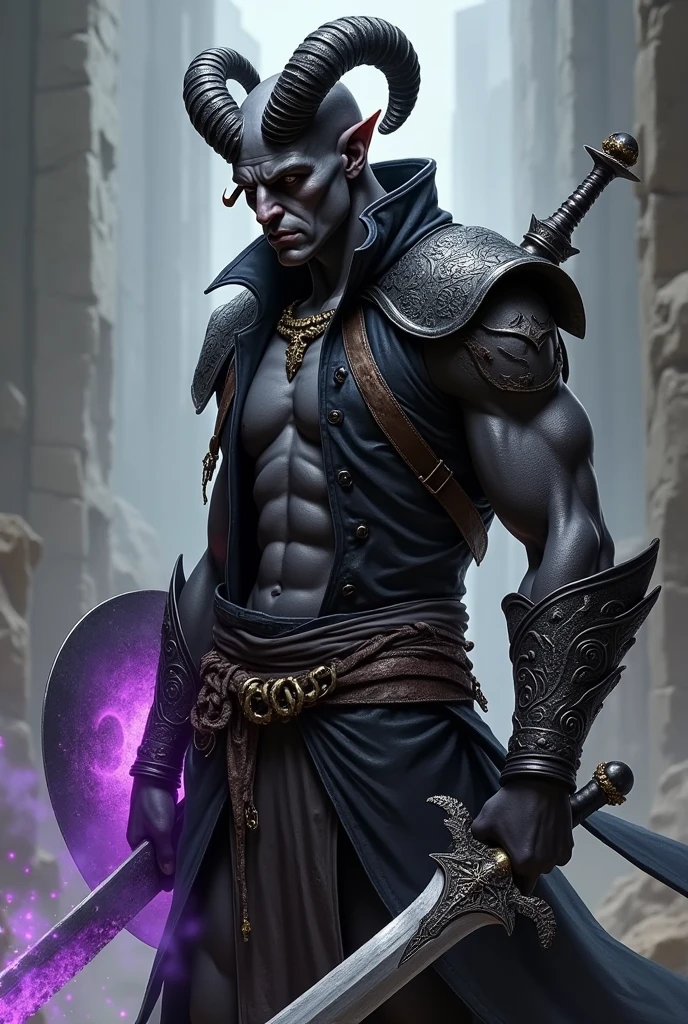 Tiefling male. Very compact, tight, rams horns. Charcoal-black skin. A soft, solemn face. You can see his chest due to his dark-colored, button-less, sleeveless, gold-trimmed jacket. black trousers. He’s in a combative stance. He’s holding the hilt of his intricately engraved, curved sword in the scabbard on his left hip. He has a glowing purple, shadow emitting shield ON his back and a book holster on his other hip carrying a black, malevolent tome.