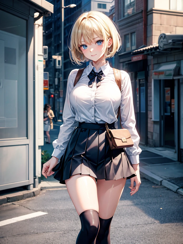 Anime style, super fine illustration, highly detailed, beautiful detailed, pale tone image, static representation, gentle expression, 8k, pretty 1girl with blonde straight short hair & blue eyes & a bright smile & full bust & soft fair skin is wearing big white business shirt not to show her skin & black tight skirt & 1business bag, on the business building street, in the morning, brilliant particles of lights, romantic stories, solo, perfect fingers, perfect arms, perfect legs, masterpiece.