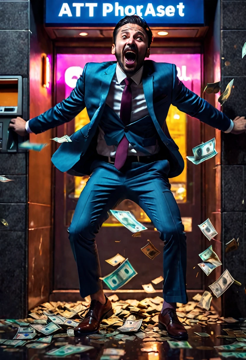 A poor working man in a cheap suit, ATM glitching and spitting out money, business man freaking out with joy, night, cinematic lighting, 8k, detailed, photorealistic, vibrant colors, dramatic, action, suspenseful, cinematic angles, impactful composition