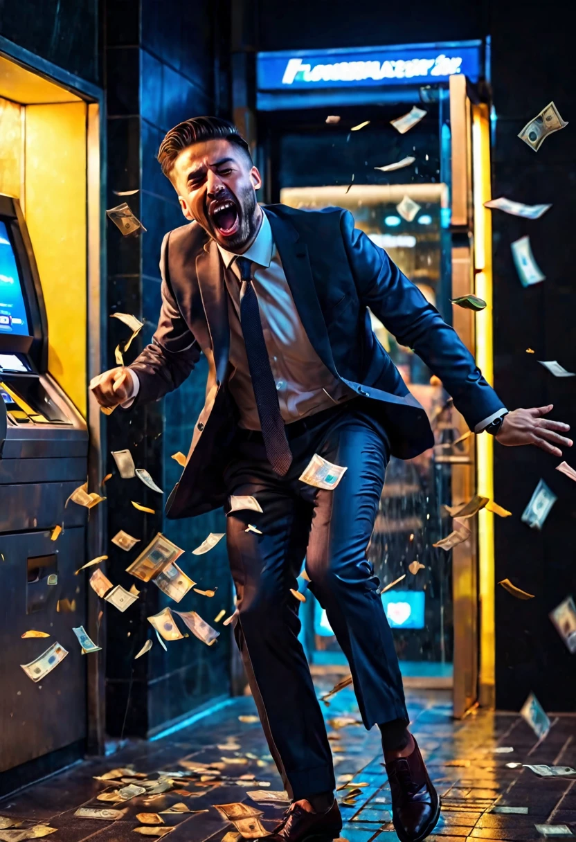 A poor working man in a cheap suit, ATM glitching and spitting out money, business man freaking out with joy, night, cinematic lighting, 8k, detailed, photorealistic, vibrant colors, dramatic, action, suspenseful, cinematic angles, impactful composition