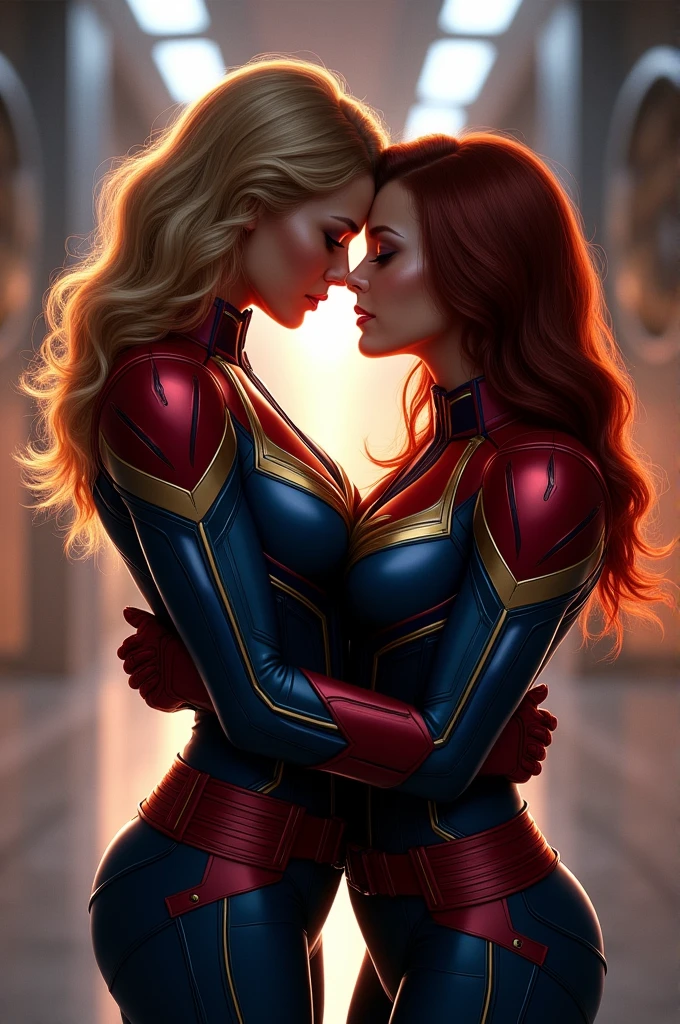 Capitana marvel y black widow besandose