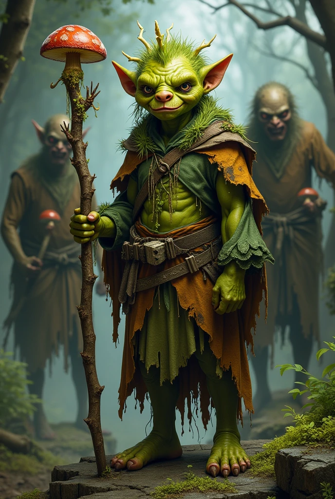 A realistic style image of a spore druid, do jogo dungeon and dragons,   friendly green goblin, he is thin and very short, has 1,30 tall, His hand has a red tribal tattoo in the shape of a flame,  he has spores and various mushrooms growing on his clothes, and has skin with several mushrooms and spores,  he has a wooden staff that has vines and mushrooms, and squirrel bones on the tip, next there are 3 decaying evil zombies with 1,80 tall , with realistic details and dramatic lighting to emphasize the character&#39;s mysterious atmosphere.