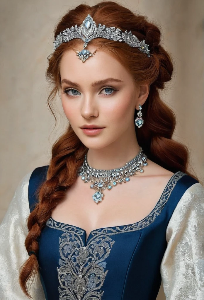 Physical features:hair:long, red and wavy.Styled in intricate braids or gathered into an elegant bun.Color: intense redhead, with a natural shine.eyes:big ones, almond shaped.Color: Deep blue.fur:very clear, with a pale tone.Smooth and flawless texture.Height and Build:tall and thin, with a slim figure.Delicate and symmetrical facial features.outfit:Dresses:Medieval style with long cuts and fitted waist.colors: Start with pastel shades like light blue, rosado, o beige, then evolves to darker tones like gray, Navy blue, the black.Details: Intricate embroidery, especially on the sleeves and hem of the dress, with symbols like direwolves.Layers:Heavy and long, made of thick fabrics.Lined with fur around the neck and shoulders, in dark tones.Accessories:Discreet but elegant jewelry: necklaces with a small pendant or brooches.Simple tiara or headband that reinforces your noble status.Expression and Attitude:facial expression:he would be, but serene.A look that conveys determination and wisdom.Posture:Upright and confident.elegant, with a royal bearing.