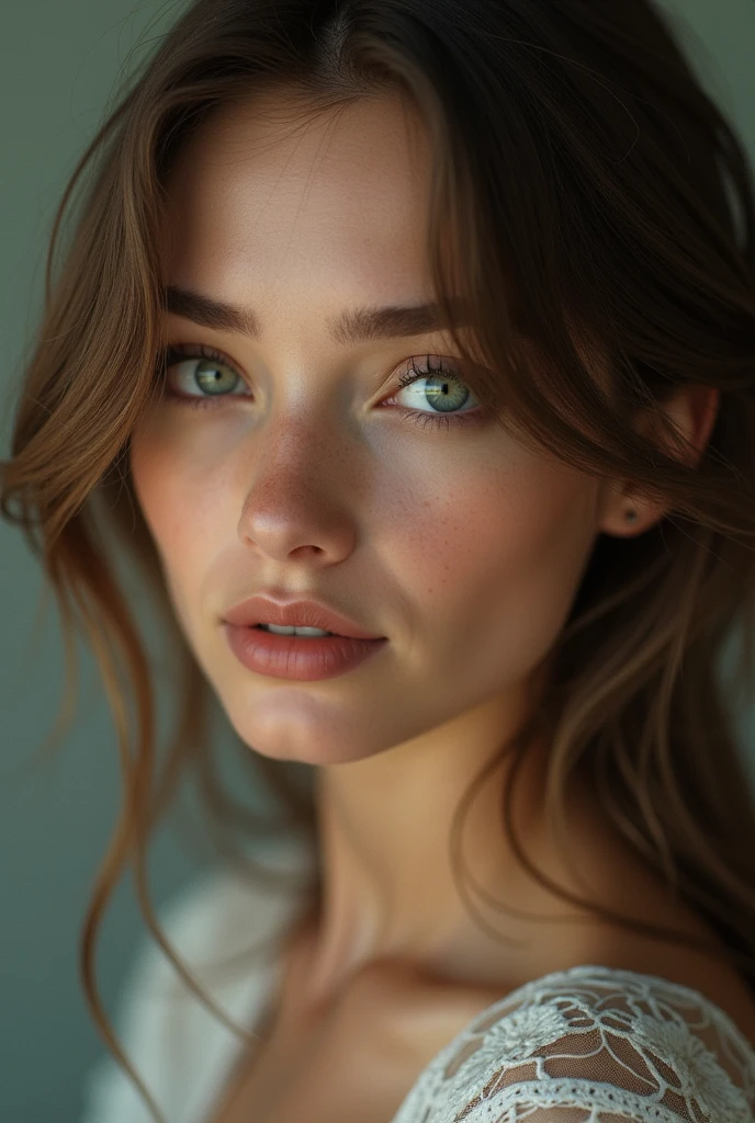 (photo realism 1.2) Pretty, very realistic woman with a square jaw, a thin mouth. Very detailed dark green eyes and shoulder-length light brown hair. very detailed