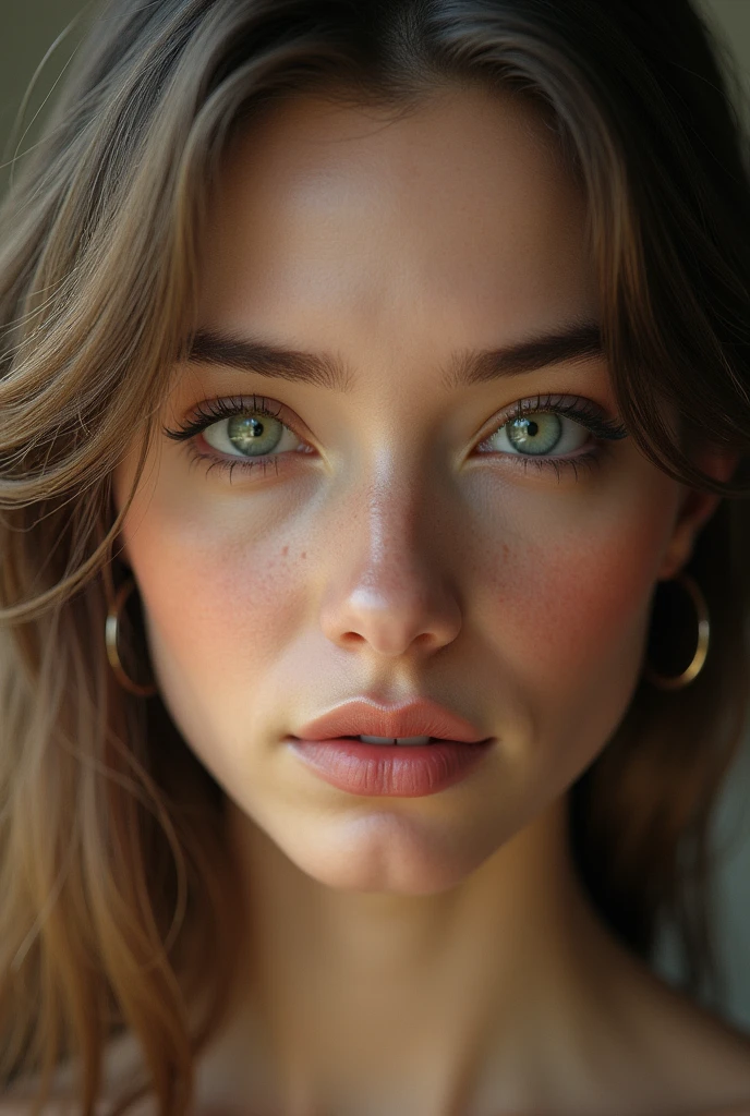 (photo realism 1.2) Pretty, very realistic woman with a square jaw, a thin mouth. Very detailed dark green eyes and shoulder-length light brown hair. very detailed