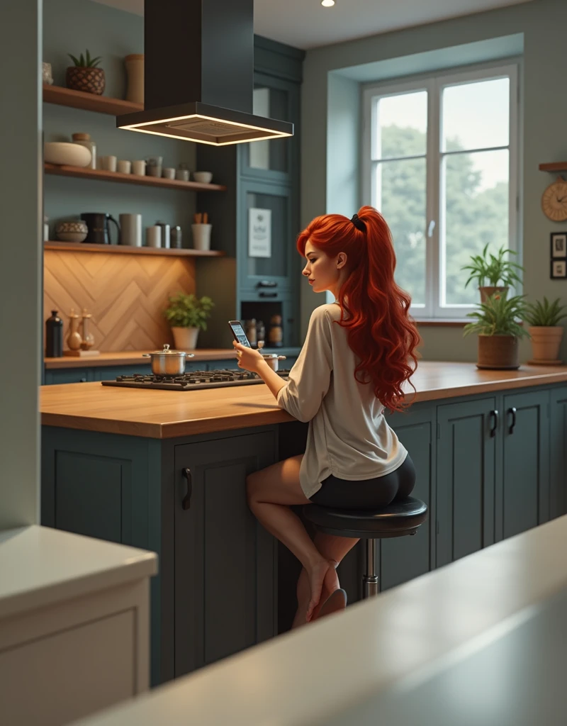 Sharp and vibrant photograph of a сексуальная рыжуха на кухне, sits on a chair at the table and looks at the phone. back view. Redhead with a nice ass and big breasts.
