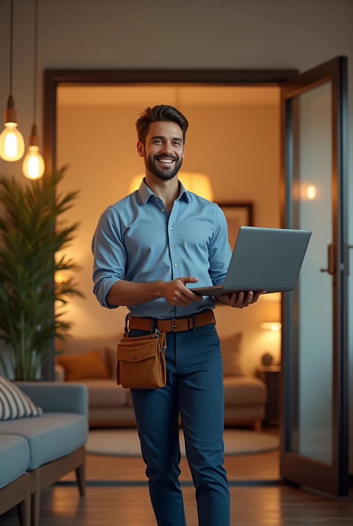 (photorealism:1.2), Create an image of a smiling, handsome man, dressed in the classic attire of a computer technician, emerging from a mobile phone seen in profile. The man is delivering a laptop to a client's house. The background of the scene should represent a warm and modern home., with elements such as contemporary furniture, Soft lighting and cozy details that convey a feeling of comfort and hospitality